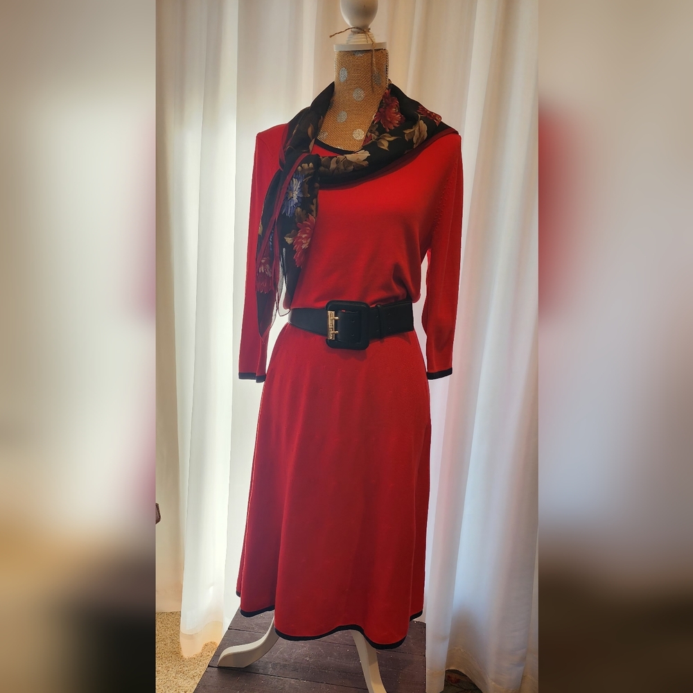 TALBOTS Red Long-Sleeve A-Line Dress with Black Trim Accessores NOT INCLUDEX